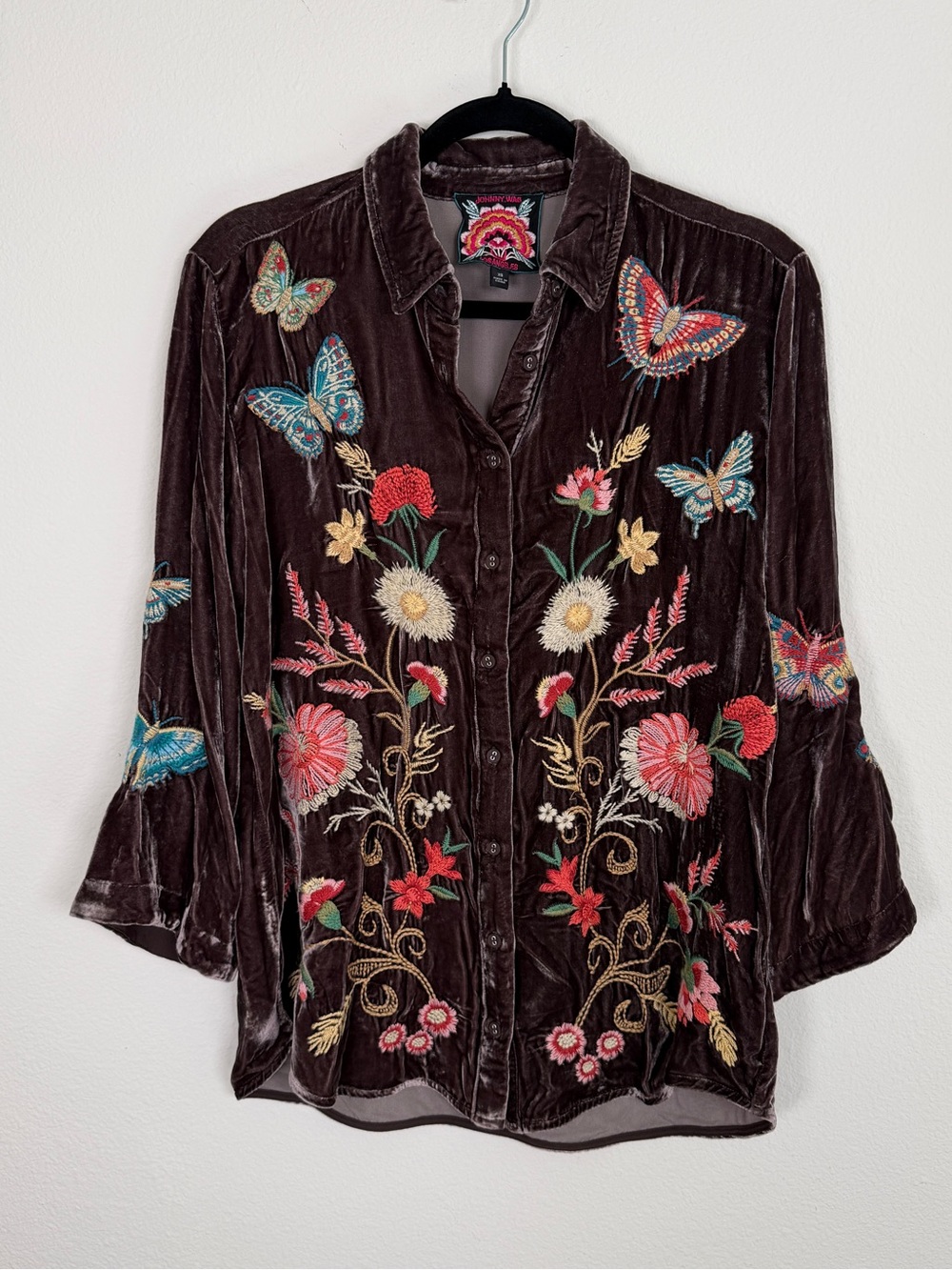 Johnny Was Velvet Embroidered Kimono-Sleeve Shirt Brown Butterfly Floral XS